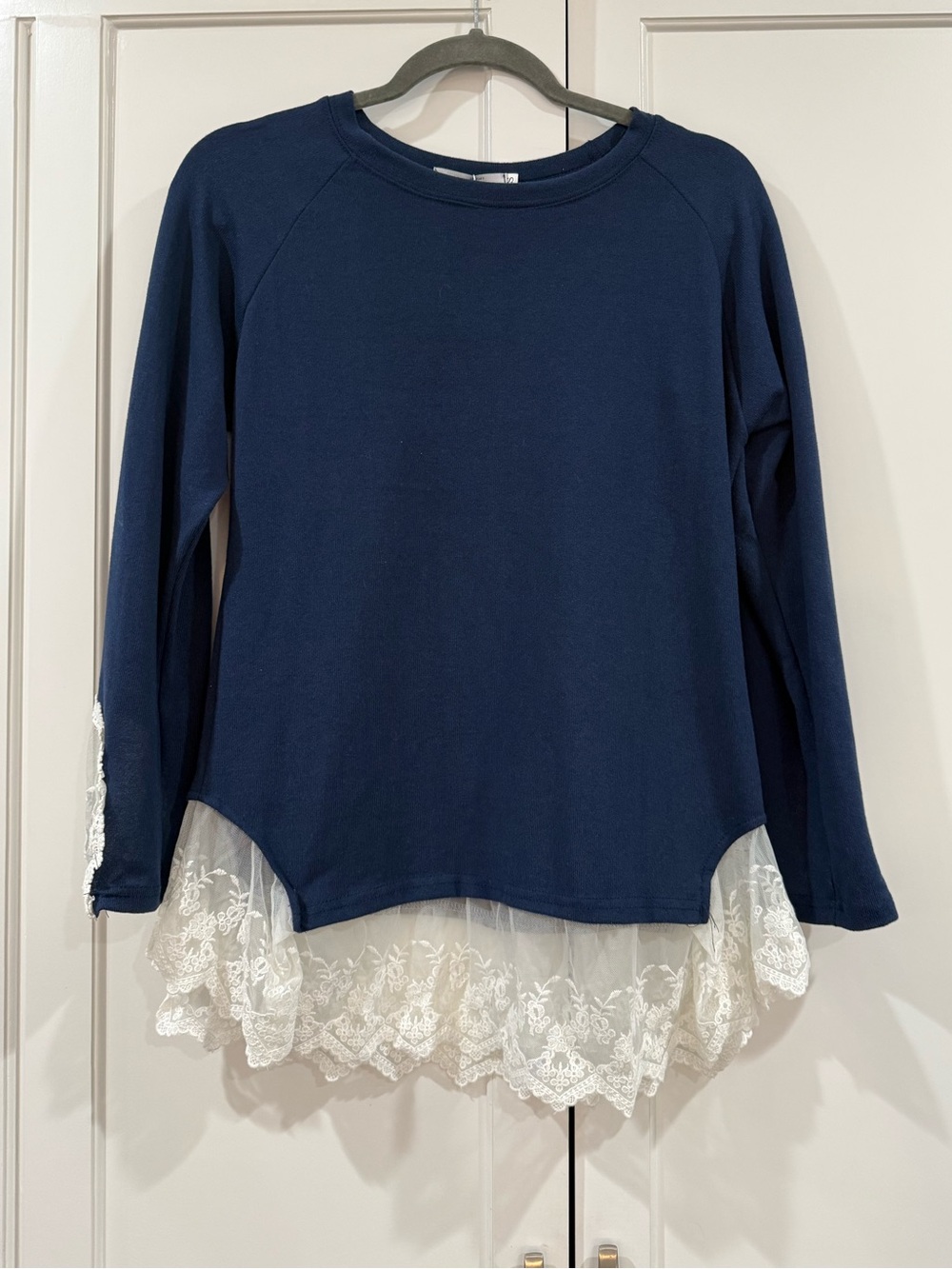 Navy Long-Sleeve Lace-Hem Pullover Size S
